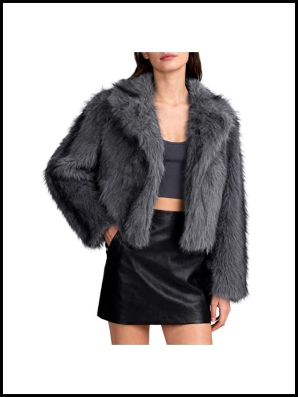 Faux Fur Open Front Long Sleeve Crop Coat with Pockets